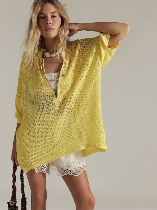 We The Free Tops - We The Free Yellow Surf's Up Tee 1/4 Zip Knit Oversized Size M ~ Pre-Owned